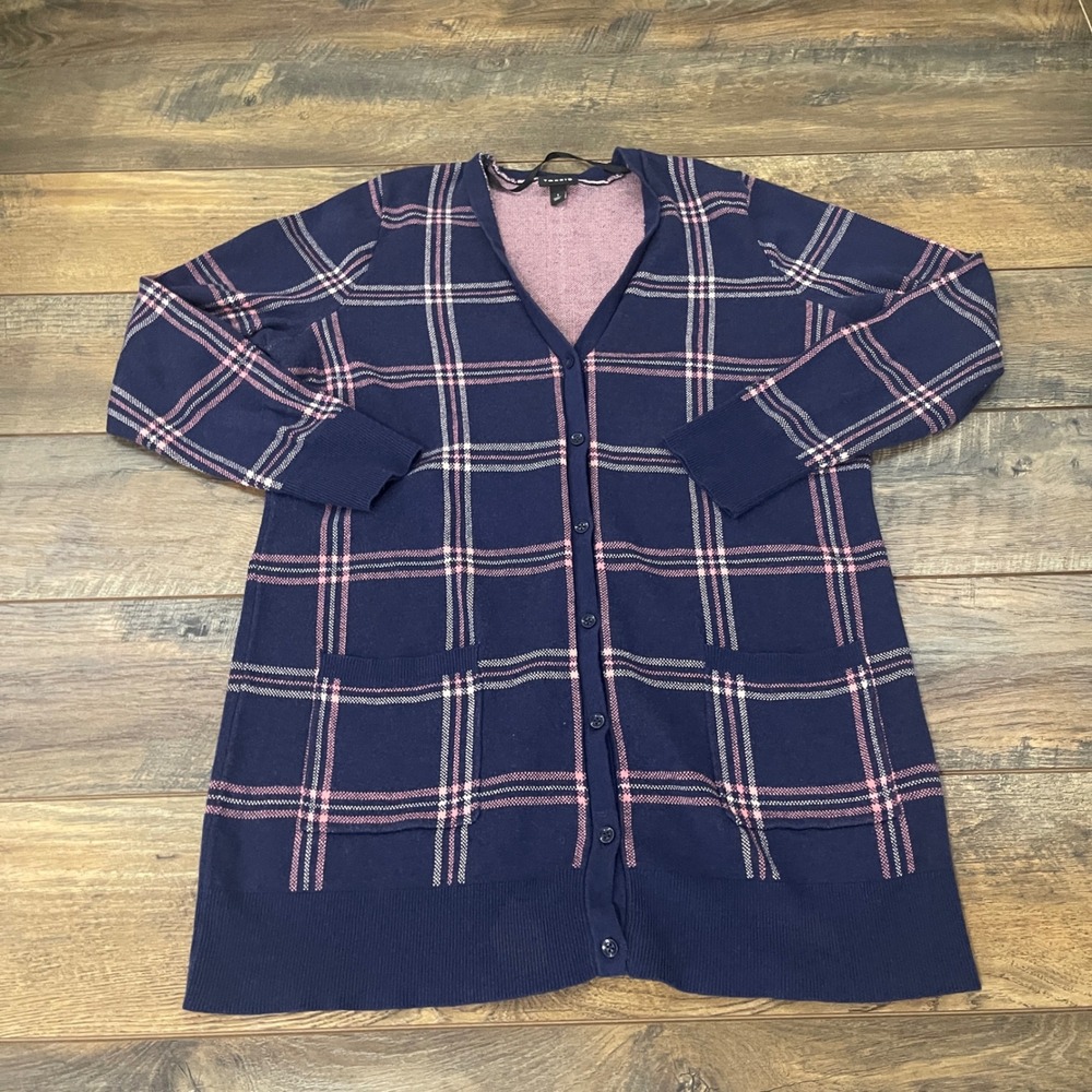 Torrid Navy Blue Pink Plaid Longline Button Front Cardigan Sweater Pockets Sz 1